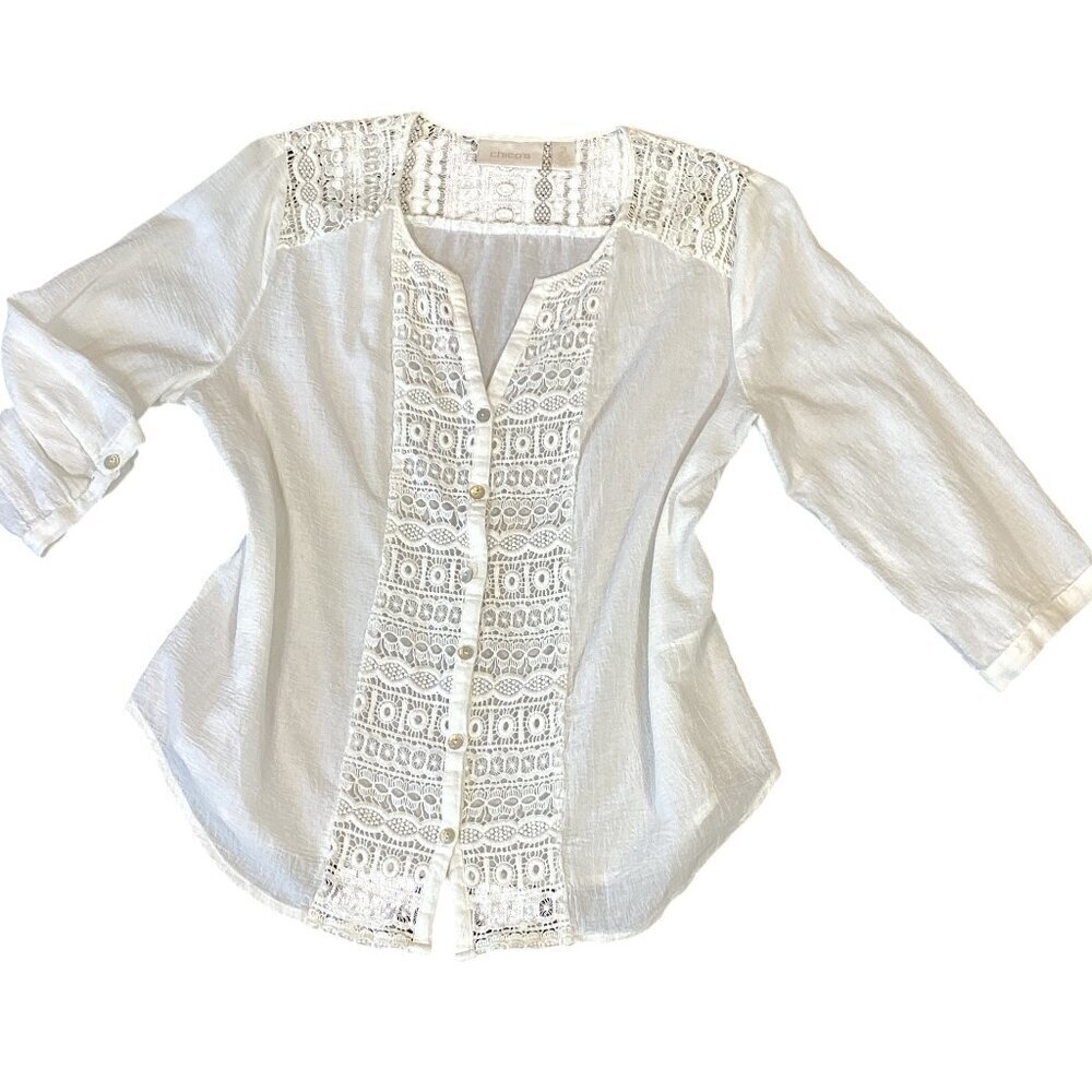 Chico's White‎ 100% Cotton Crochet-Button-Up Peasant Top Sz 2 (L/12) #304F
